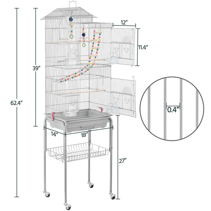 62.4" Metal Bird Parrot Cage with Detachable Stand, Light Gray
