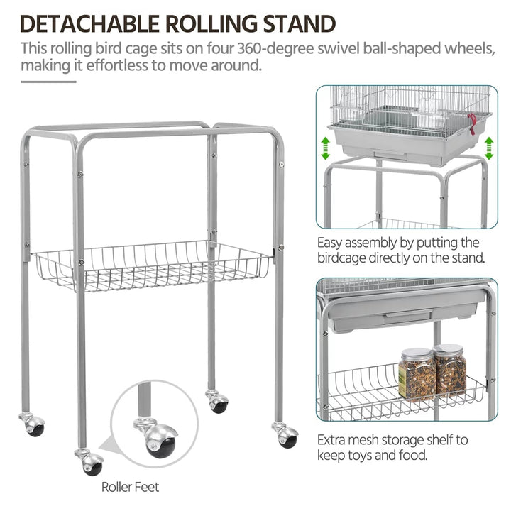 62.4" Metal Bird Parrot Cage with Detachable Stand, Light Gray
